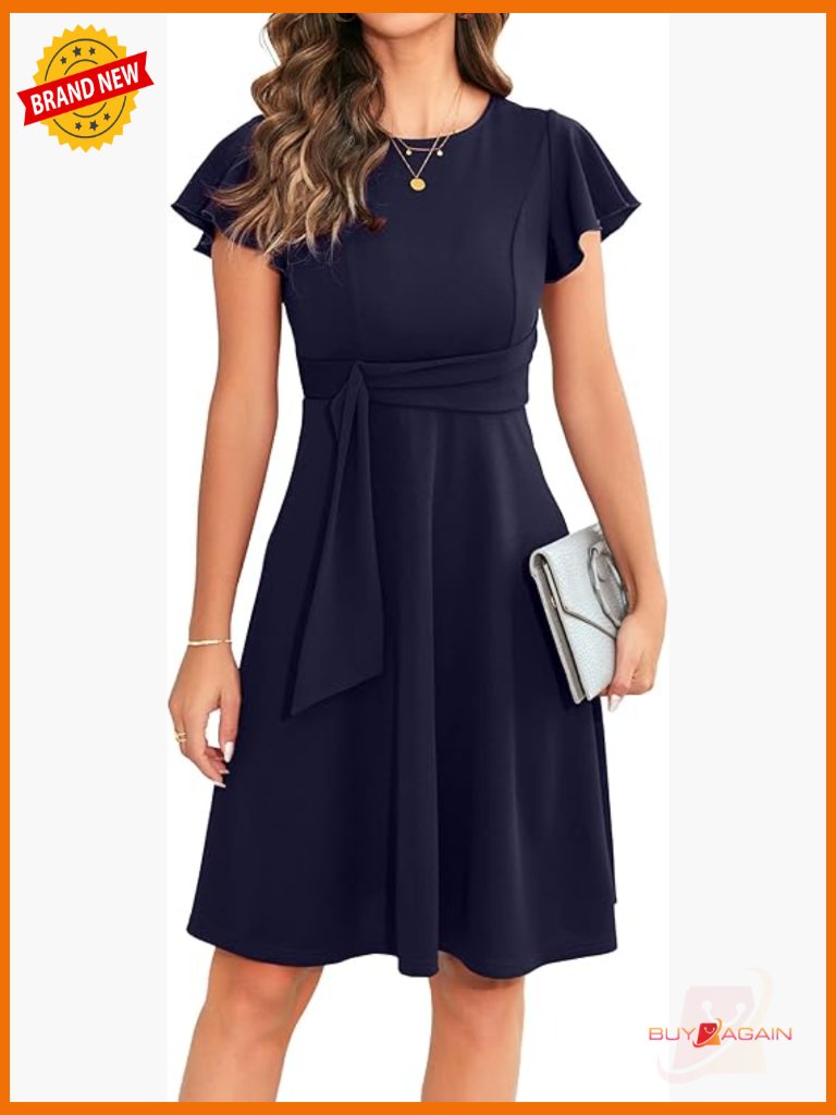 Elegant Ruffle Sleeve A-Line Swing Cocktail Party Dress With Belt